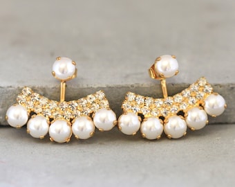 Ear Jacket Earrings, Pearl Ear jacket Earrings, Crystal Bridal Ear Jackets, Bridal Crystal Ear jacket Bridal Earrings, Pearl Earrings