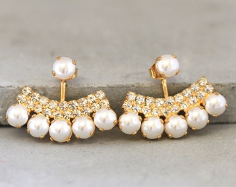 Ear Jacket Earrings, Pearl Ear jacket Earrings, Crystal Bridal Ear Jackets, Bridal Crystal Ear jacket Bridal Earrings, Pearl Earrings