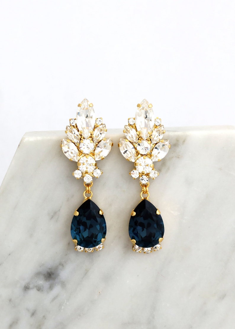 Blue Navy Drop Earrings, Navy Blue Chandelier Earrings, Bridal Blue Navy Chandelier Earrings, Dark Blue Earrings, Old Hollywood Earrings image 1