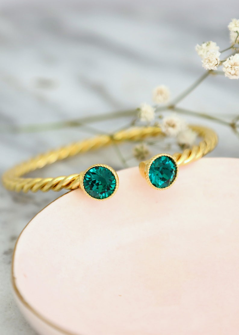 Emerald Gold Bracelet Bridal Emerald Green Crystal Opan Cuff Etsy
