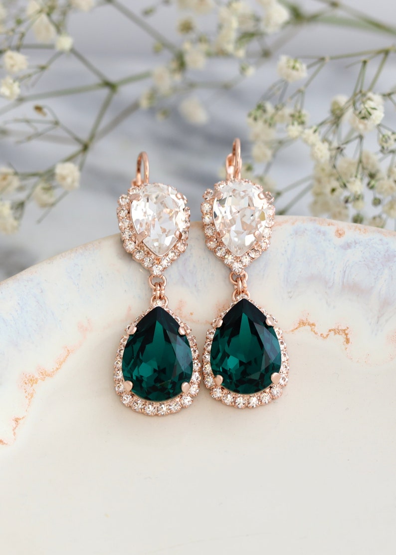 Emerald Chandelier Earrings, Bridal Emerald Drop Earrings, Green Emerald Chandelier Earrings, Emerald Crystal Drop Chandelier Earrings. image 6