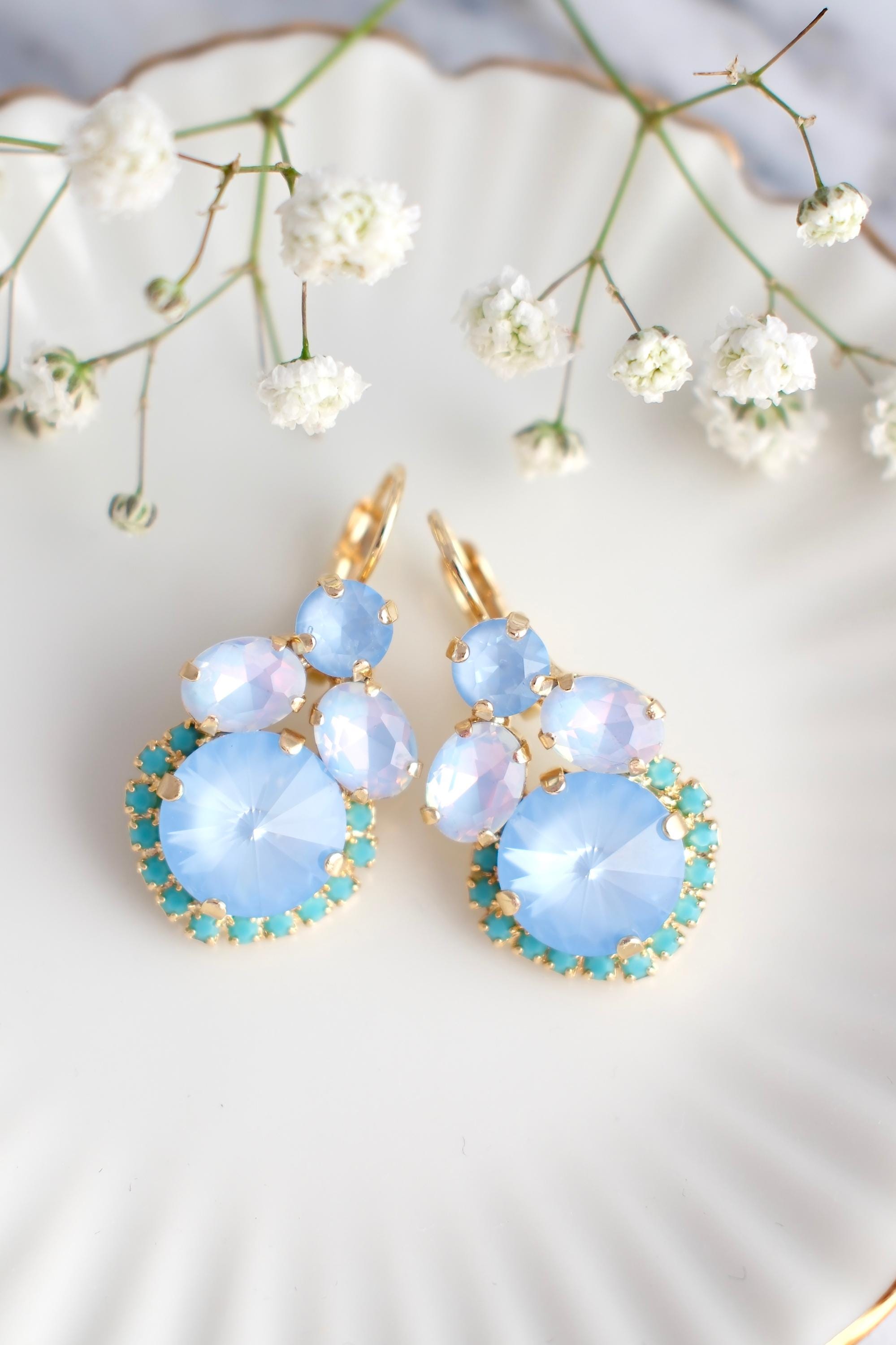 earrings for light blue dress Sky Blue Drop Earrings, Light Earrings, Blue Crystal Earrings, Gift for her, Bridal Light Blue Earrings, Bridesmaids Powder Blue Earrings