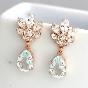 Bridal Chandeliers, Aquamarine Chandelier, Blue Sky Earrings, Bridal Earrings, Rose Gold Bridal Earrings, Bridal light Blue Drop Earrings. image 5