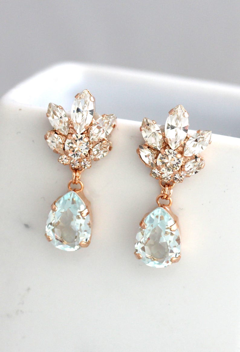 Bridal Chandeliers, Aquamarine Chandelier, Blue Sky Earrings, Bridal Earrings, Rose Gold Bridal Earrings, Bridal light Blue Drop Earrings. image 5