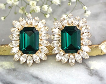 Emerald Earrings, Emerald Bridal Earrings, Emerald Green Statement Earrings, Dark Green Earrings, MOH Earrings, Statement Emerald Earrings