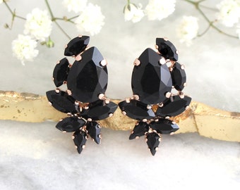 Black Earrings, Black Crystal Earrings, Black And Gold Stud Earrings, Bridesmaids Earrings, Black Gold Crystal Earrings, Bridal Black Studs