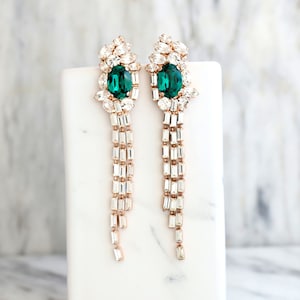 Emerald Bridal Earrings, Dark Green Chandelier, Green Dangle Emerald Earrings, Bridal Emerald Crystal Earrings, Emerald Tassel Long Earrings