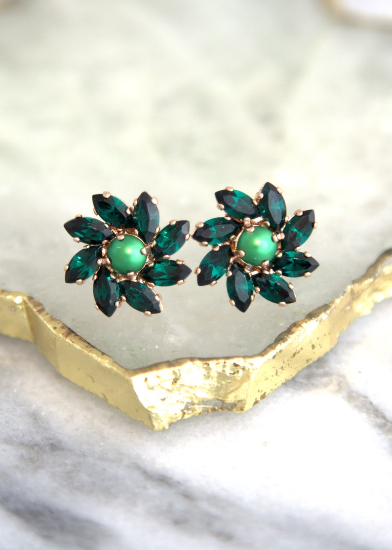 Emerald Stud Earrings, Bridal Emerald Earrings, Emerald Crystal Cluster Earrings, Dark Green Earrings, Bridesmaids Earrings, Green Studs image 2