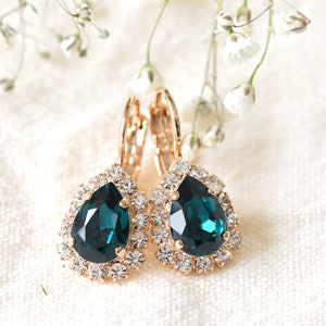 Emerald Green Drop Earrings, Emerald Green Crystal Earrings, Emerald Gold Or Silver Droplets, Dark Green Crystal Bridesmaids Earrings