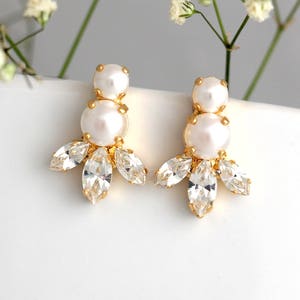 Brincos de pérola de noiva, brincos de pérola de cristal de noiva, brincos de pérola de damas de honra, brincos de cristal de pérola de noiva, presente para ela, joias de pérola