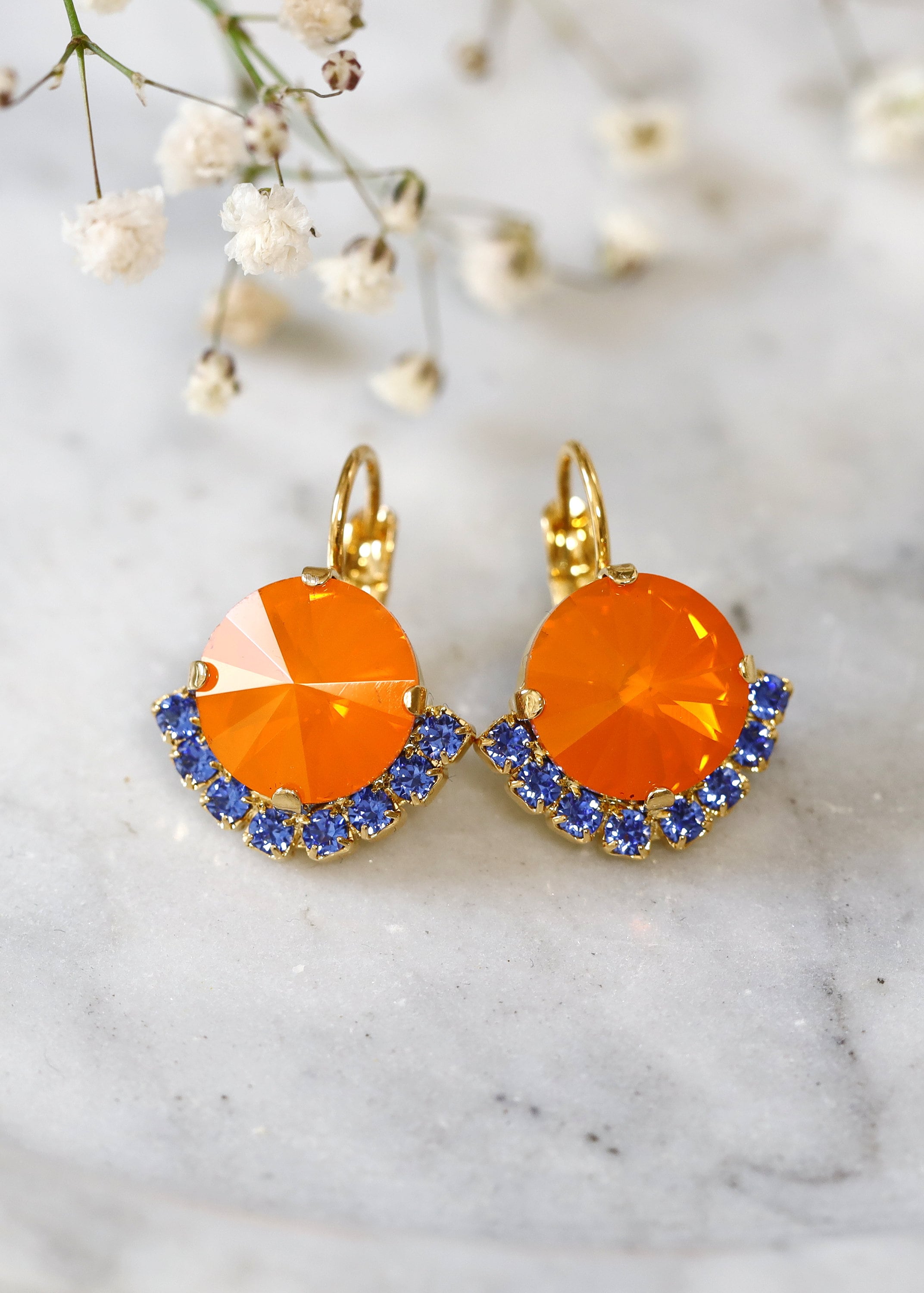 Orange Earrings, Orange Drop Earrings, Blue Orange Earrings