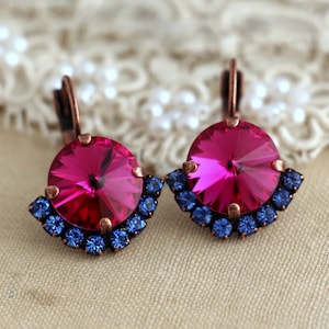 Pink Blue Drop Earrings, Fuchsia Pink Crystal Earrings, Hot Pink Crystal Lever back Earrings, Bridesmaids Pink Earrings, Fuchsia Earrings image 6