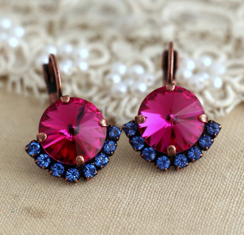 Pink Blue Drop Earrings, Fuchsia Pink Crystal Earrings, Hot Pink Crystal Lever back Earrings, Bridesmaids Pink Earrings, Fuchsia Earrings image 6