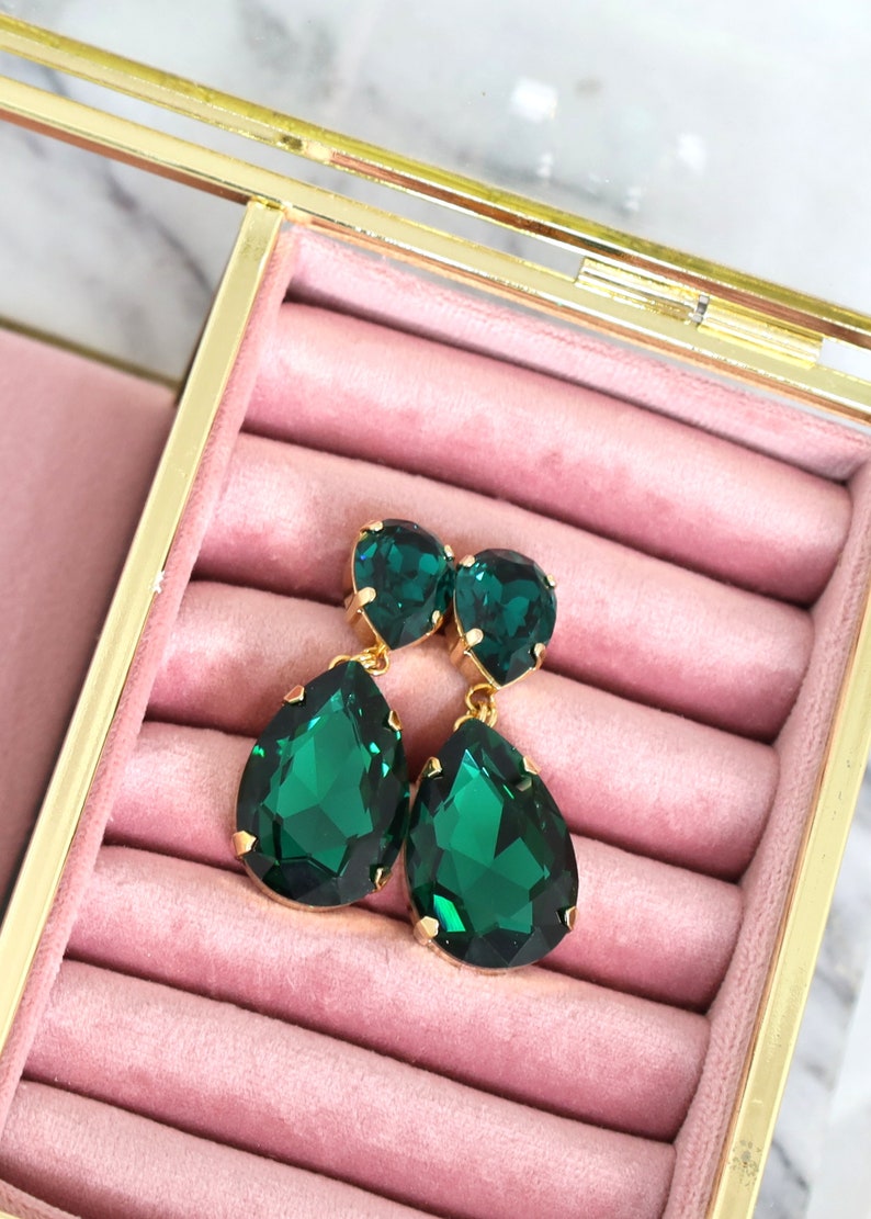 Emerald Statement Long Earrings, Emerald Green Chandelier Earrings, Emerald Green Crystal Earrings, Green Emerald Crystal Oversize Earrings. image 10