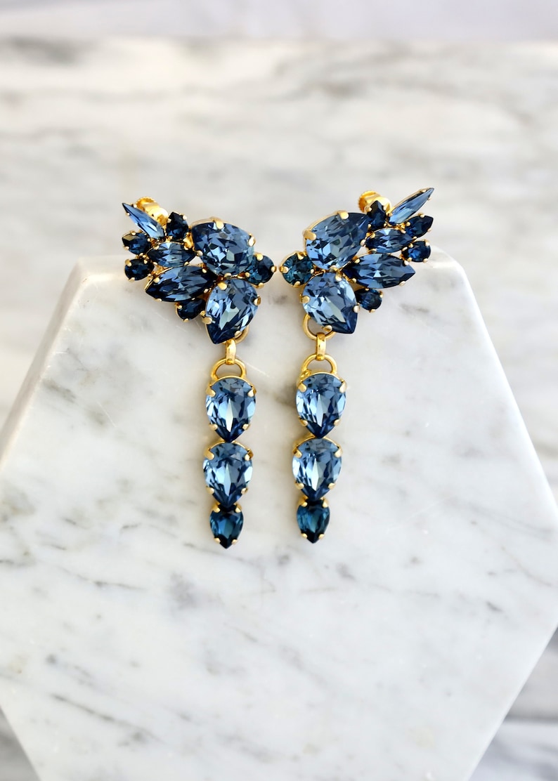 Blue Navy Chandelier Earrings, Blue Navy Climbing Chandelier Earrings, Bridal Dark Blue Earrings, Statement Blue Navy Ear Crawler Earrings image 1