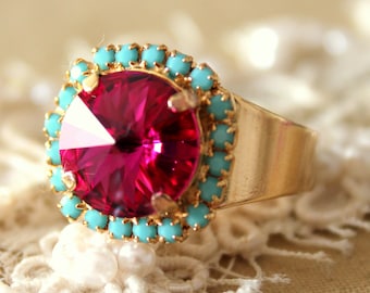 Pink Crystal ring ,Hot Pink Crystal Ring, Pink Turquoise Crystal Ring, Gift for Her, Cocktail Ring, Turquoise Pink Crystal Ring