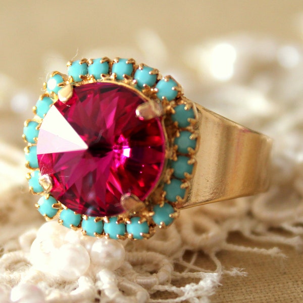 Pink Crystal ring ,Hot Pink Crystal Ring, Pink Turquoise Crystal Ring, Gift for Her, Cocktail Ring, Turquoise Pink Crystal Ring