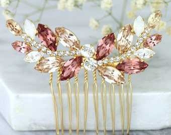 Bridal Blush Crystal Hair Comb, Morganite Gold Hair Comb, Blush Hair comb, Hair Accessories, Gold Hair Comb, Champagne Blush Hair Comb