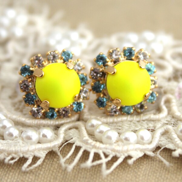 Yellow Neon Stud earring white and Blue Rhinestones  Summer - 18k plated gold post earrings real swarovski rhinestones.