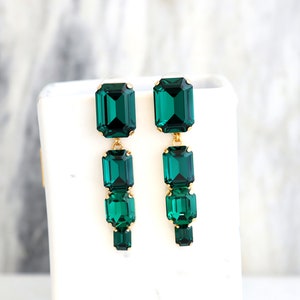 Emerald Chandelier Earrings, Emerald Green Long Crystal Earrings, Emerald Cut Drop Chandelier Earrings, Bridal Dark Green Crystal Earrings image 7