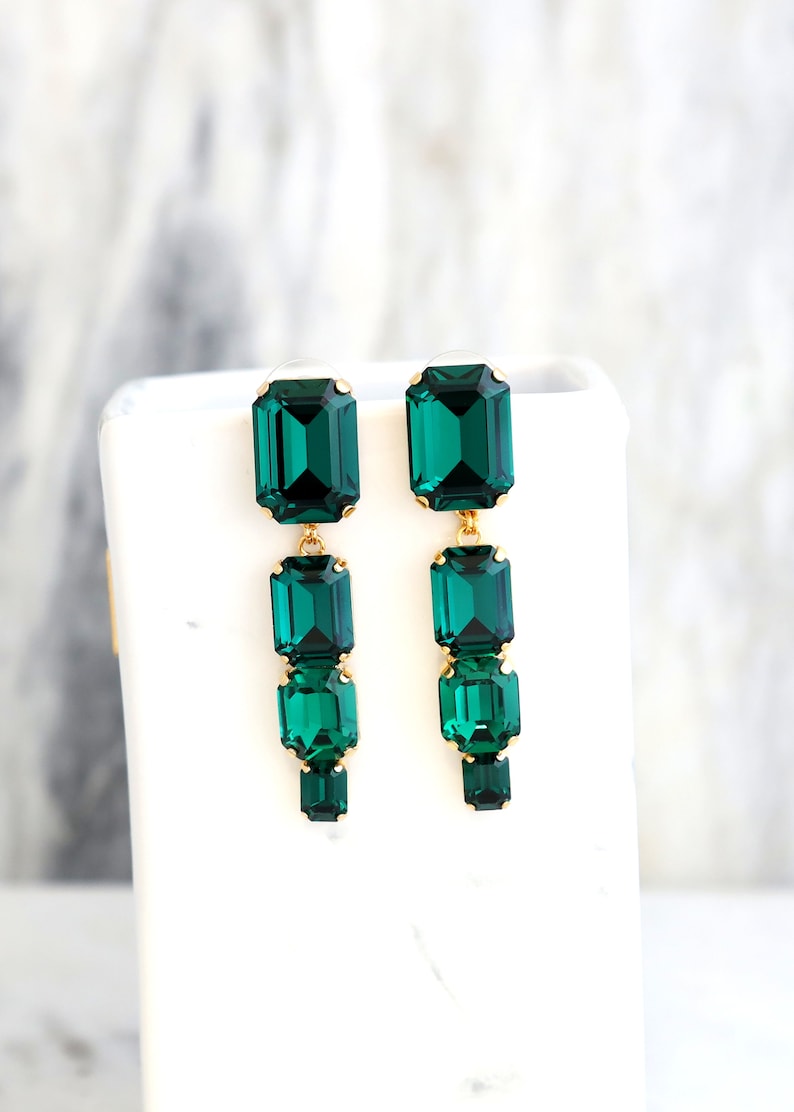Emerald Chandelier Earrings, Emerald Green Long Crystal Earrings, Emerald Cut Drop Chandelier Earrings, Bridal Dark Green Crystal Earrings image 7