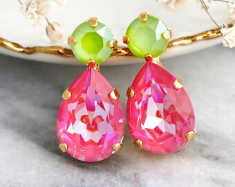 yellow green dress and neon pink earrings combination Hot Pink Evening Dress with Green-Yellow Earrings Outfits (2 ideas & outfits)