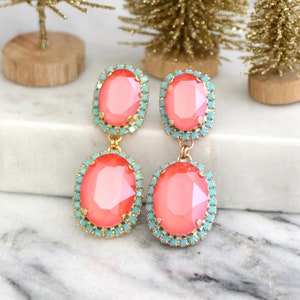 Coral Mint Earrings, Coral Chandelier Crystal Drop Earrings, Coral Mint Chandelier Earrings, Coral Bridal Long Dangle Earrings, Gift For Her image 4