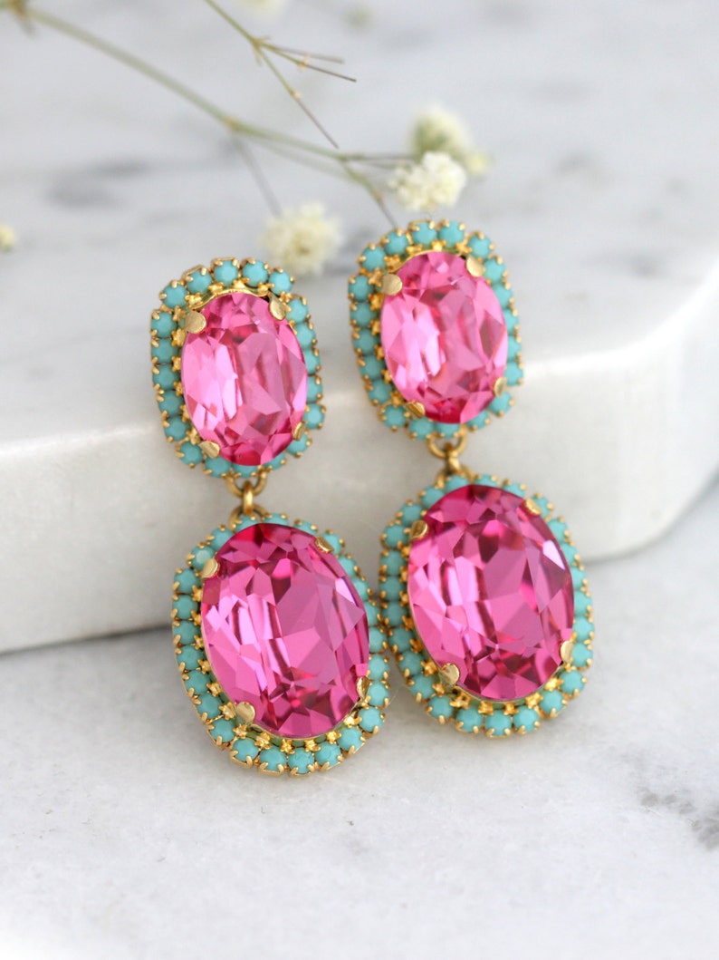 Lustres roses, Boucles d'oreilles turquoise rose, Boucles d'oreilles roses, Boucles d'oreilles lustre fuchsia, Lustres turquoise rose, Boucles d'oreilles de mariée image 5