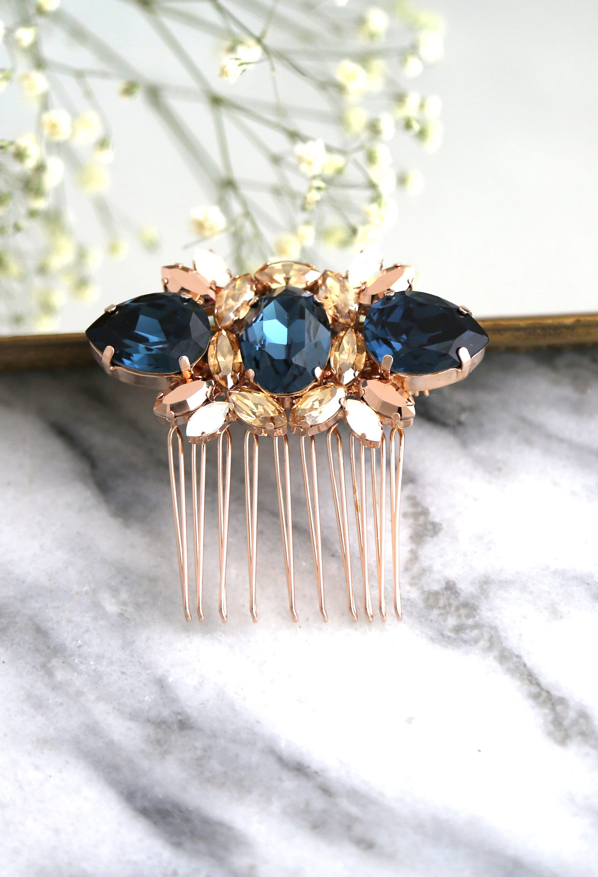 Bridal Crystal Hair Comb, Blue Navy Crystal Hair Comb, Blue 