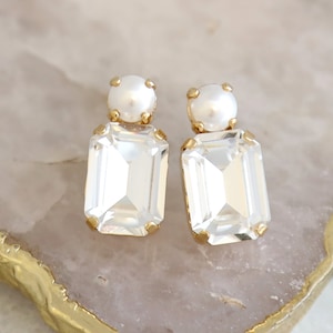 Bridal Classic Crystal Earrings, Pearl Crystal Stud Earrings, Emerald Cut Crystal Pearl Stud Earrings, Bridesmaids Earrings, Gift For Her Gold Finish
