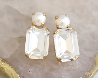 Bridal Classic Crystal Earrings, Pearl Crystal Stud Earrings, Emerald Cut Crystal Pearl Stud Earrings, Bridesmaids Earrings, Gift For Her