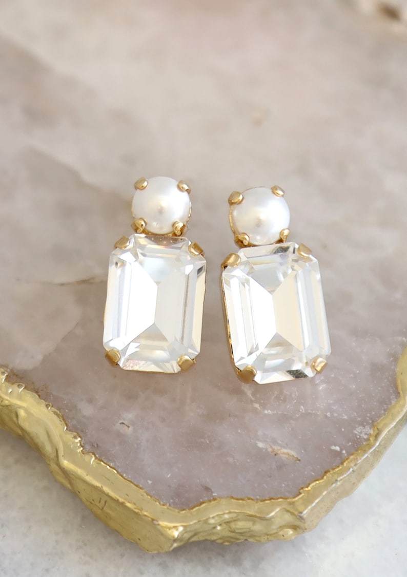 Bridal Classic Crystal Earrings, Pearl Crystal Stud Earrings, Emerald Cut Crystal Pearl Stud Earrings, Bridesmaids Earrings, Gift For Her Gold Finish