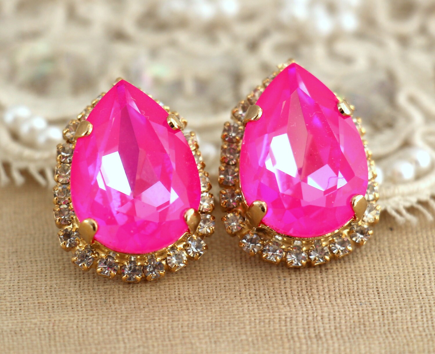 Pink Stud Earrings Neon Pink Earrings Swarovski Pink | Etsy
