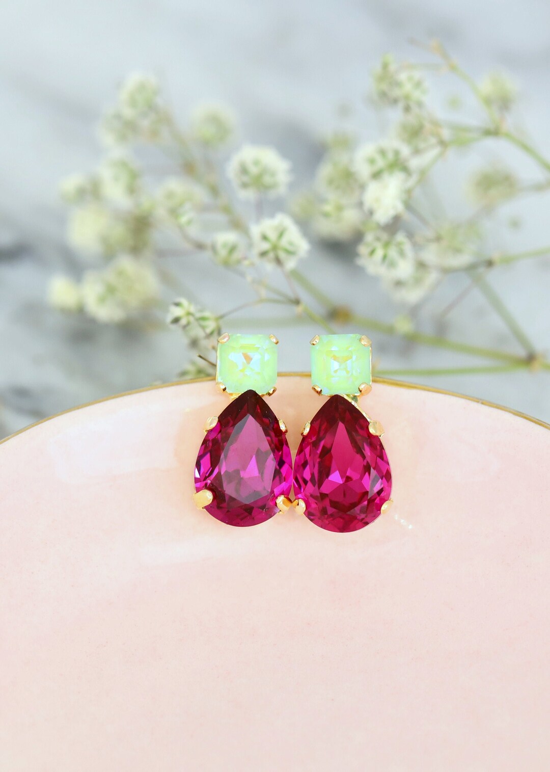 Fuchsia Pink Earrings Pink Green Earrings Fuchsia Green - Etsy