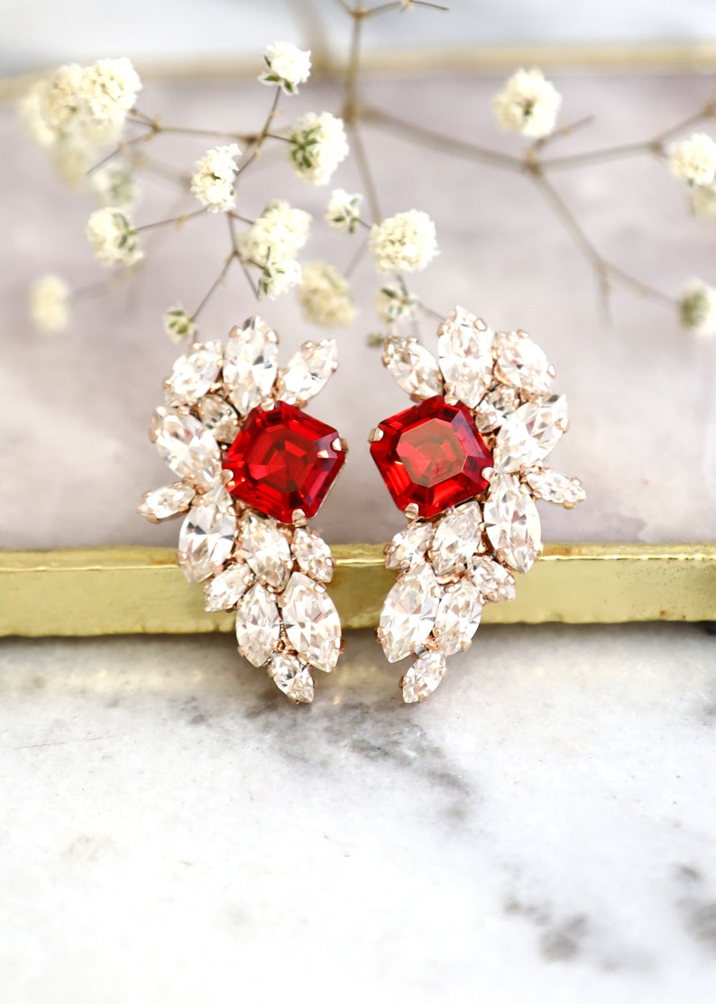 Red Crystal Earrings, Bridal Red Crystal Earrings, Scarlet Red Cluster Crystal Earrings, Ruby Red Cluster Stud Earrings, Gift For Her image 4