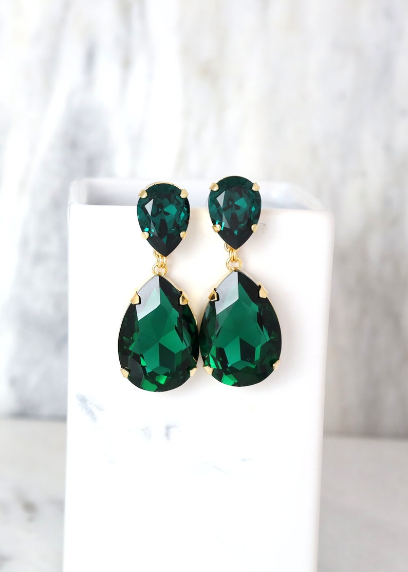 Emerald Statement Long Earrings, Emerald Green Chandelier Earrings, Emerald Green Crystal Earrings, Green Emerald Crystal Oversize Earrings. image 7