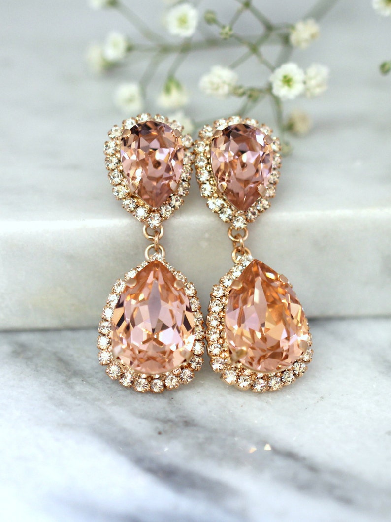 Morganite Drop Earrings, Bridal Blush Classic Earrings, Bridal Drop Earrings, Blush Statement earrings, Blush Chandelier Long Earrings. image 5