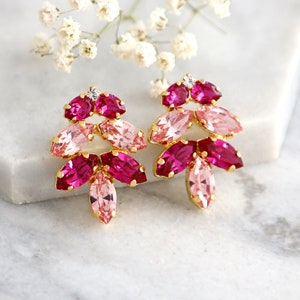 Pink Cluster Crystal Earrings, Hot Pink Fuchsia Crystal Earrings, Bridal Pink Crystal Stud Earrings, Magenta Crystal Cluster Earrings