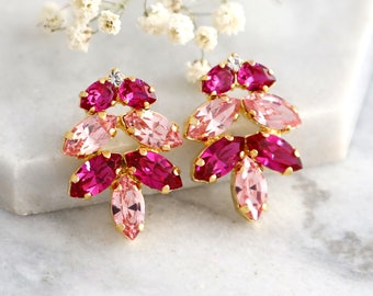 Pink Cluster Crystal Earrings, Hot Pink Fuchsia Crystal Earrings, Bridal Pink Crystal Stud Earrings, Magenta Crystal Cluster Earrings