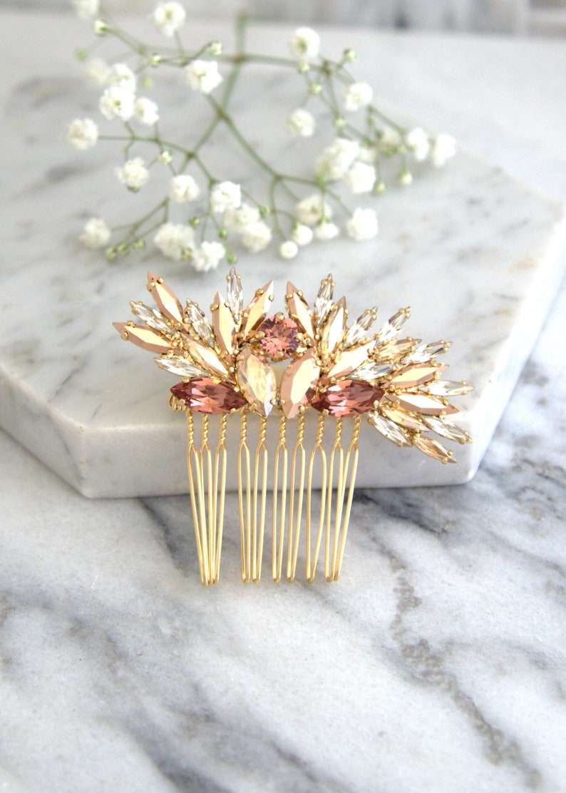 Bridal Hair Comb, Rose Gold Bridal Hair Comb, Rhinestone Hair Comb, Bridal Blush Hair Accessories, Rose Gold Hair Comb, Blush Hair Comb image 3