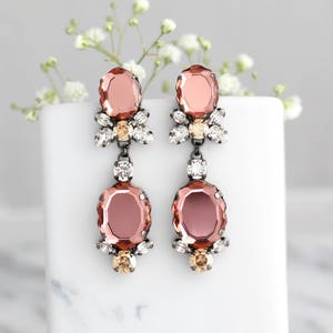 Blush Earrings, Bridal Blush Earrings, Blush Chandelier Earrings, Bridal Dark Pink Long Earrings, Blush Rose Long Crystal Chandeliers image 1