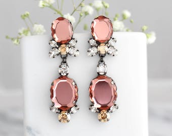 Blush Earrings, Bridal Blush Earrings, Blush Chandelier Earrings, Bridal Dark Pink Long Earrings, Blush Rose Long Crystal Chandeliers