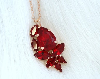 Red Ruby Necklace, Garnet Red Crystal Necklace, Red Ruby Crystal Gold Necklace, Bridal Red Crystal Necklace, Gift For Her