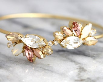 Bridal Wedding Bracelet, Blush Rose Gold Crystal Bracelet, Champagne Bracelet, Bridesmaids Jewelry, Opal Cuff Bracelet, Open Cuff Bracelet.
