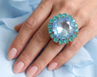 Blue Cocktail Crystal Ring, Ocean Blue Green Statement Crystal Ring, Statement Blue Crystal Ring, Adjustable Cocktail Pink Ring, Gift For