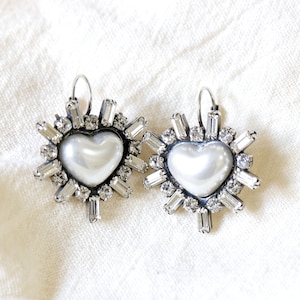 Pearl Heart Drop Earrings, Heart Crystal Drop Earrings, White Pearl Lever back Earrings, Heart Drop Earrings, Bridal White Pearl Earrings