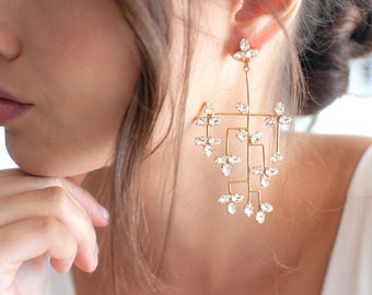 Bridal Chandelier, Statement Crystal Geometric Earrings, Oversize Trending Earrings, Bridal Statement Earrings, Long Bridal Earrings