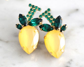 Lemon Earrings, Yellow Lemon Earrings, Tropical Earrings, Yellow Green Earrings, Lemon Crystal Stud Earrings, Tropical Wedding Jewelry