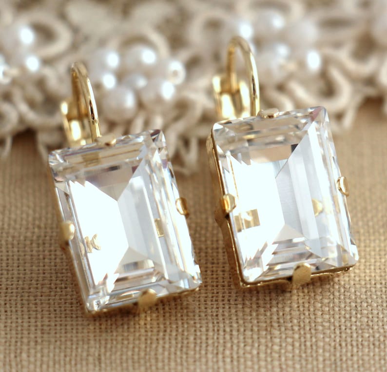 White Crystal Gold drop earrings, Classic Bridal Emerlad Cut Earrings, Wedding jewelry, Estate earrings, Emerald cut earrings, Gift for her image 1