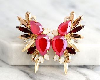 Red Statement Crystal Earrings, Bridal Red Crystal Earrings, Red Ruby Statement Crystal Earrings, Red Climbing Earrings, Ruby Red Earrings